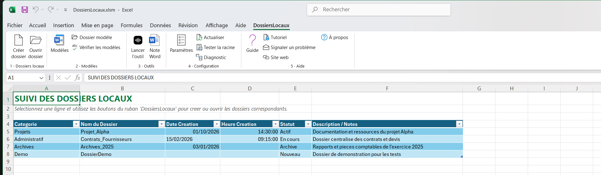 Onglet DossiersLocaux ajouté au ruban d'Excel : boutons Créer le dossier, Ouvrir, Documents, Sauvegarde et Paramètres.
